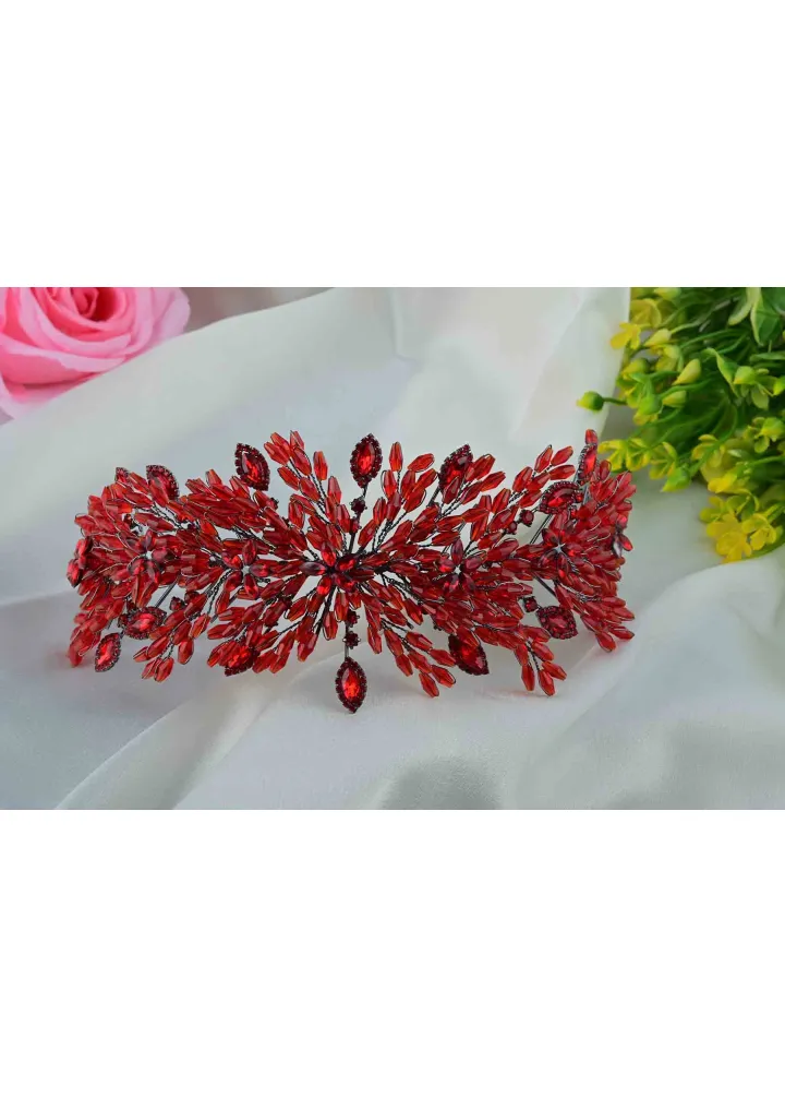 Kırmızı Renk Kristal Taşlı İpek Model Helenistik Kına Nişan Tacı