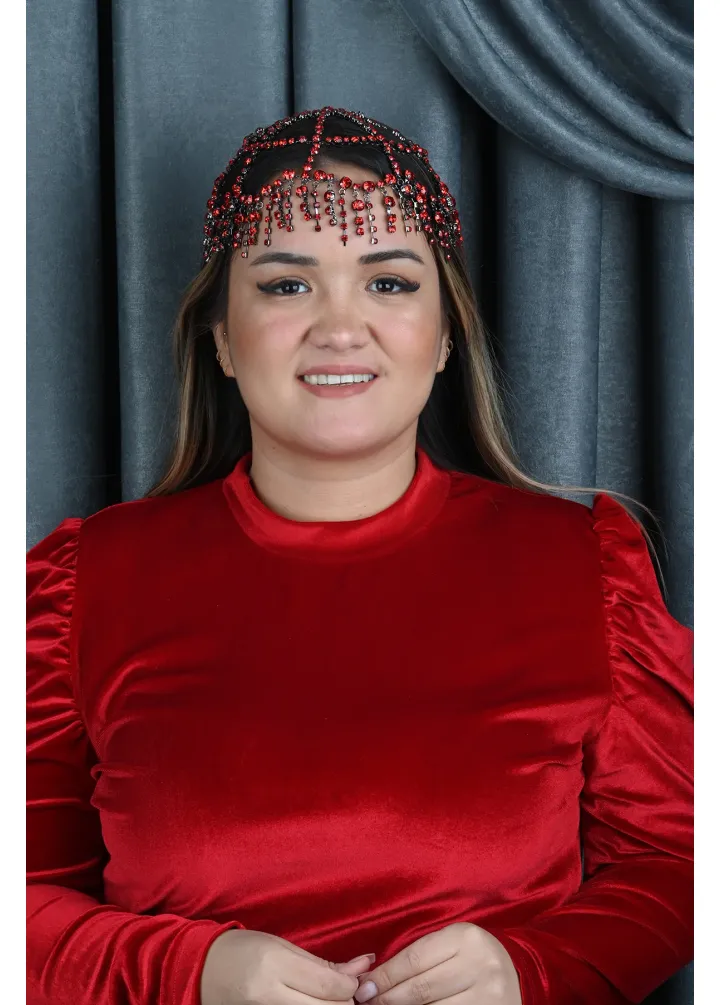 Kırmızı Renk Zincir Alınlıklı Saç Aksesuar