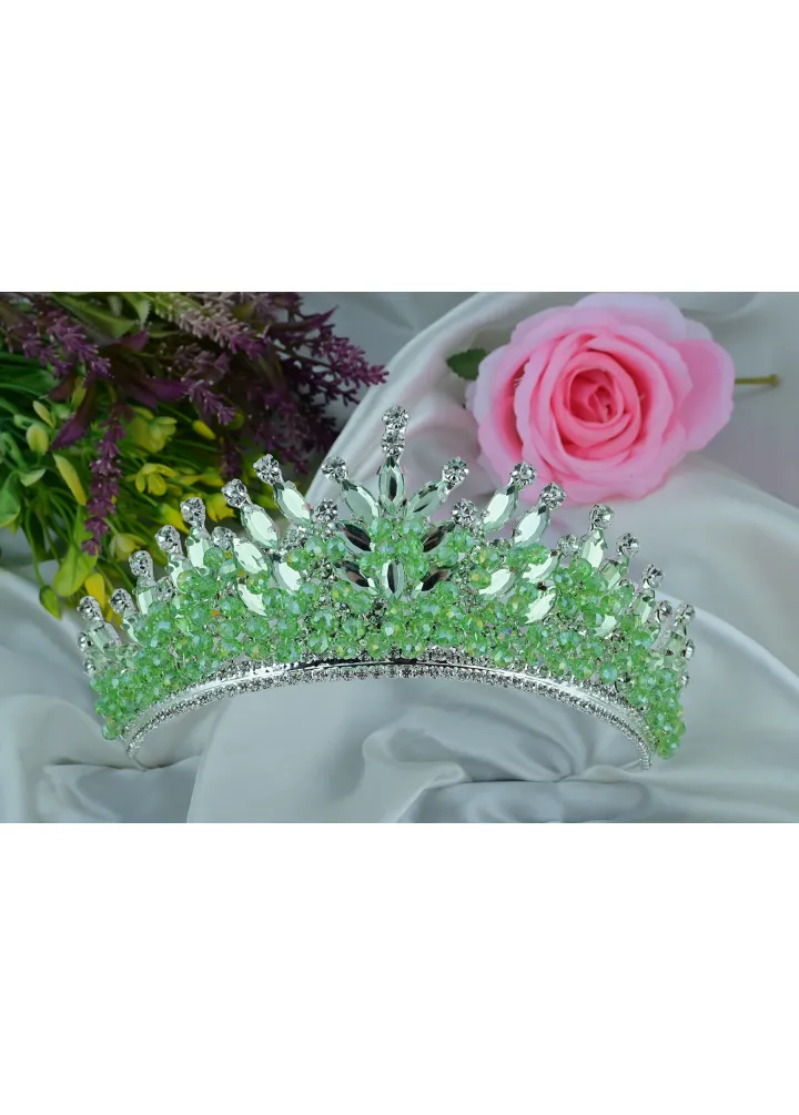 Mint Yeşili Renk Kristal Taşlı Ve Kristal Boncuklu Kına Nişan Tacı