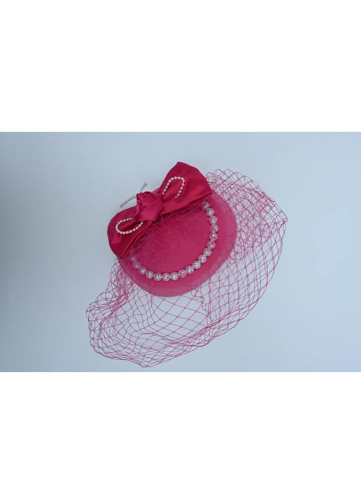 Pembe Fileli Beyaz İncili Fiyonk Modelli Gelin Kepi