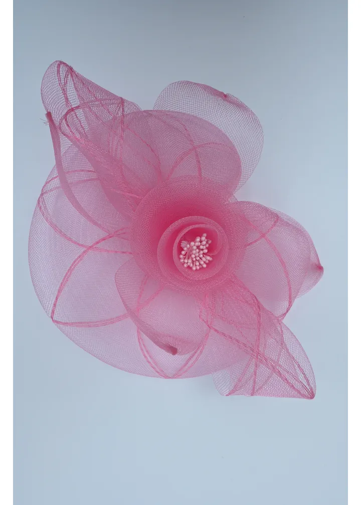 Pembe Fileli Beyaz İncili Gelin Kepi