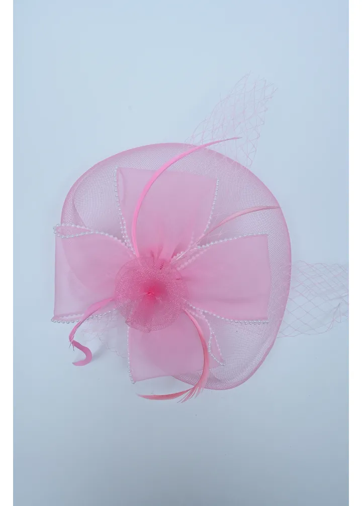 Pembe Fileli Beyaz İncili Gelin Kepi
