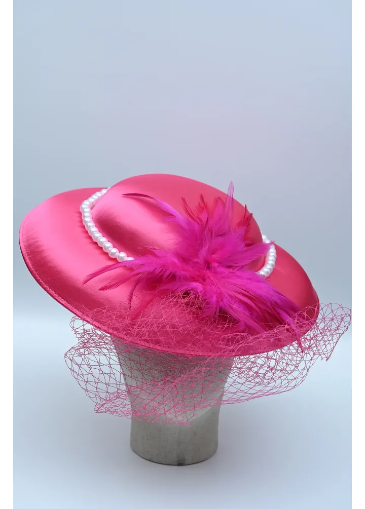 Pembe Fileli Beyaz İncili Gelin Şapkası Kepi