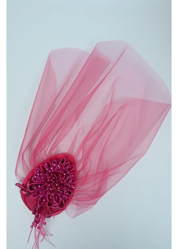 Pembe Fileli Boncuklu Gelin Şapkası Kepi