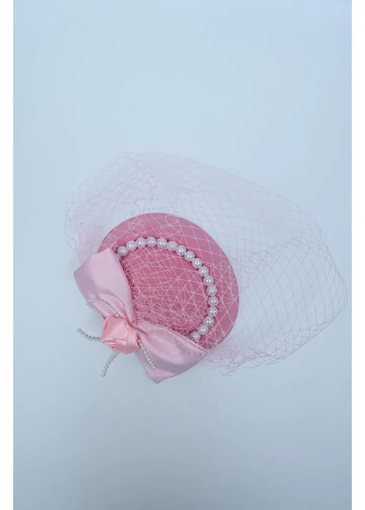 Pembe Fileli Fiyonklu Beyaz İncili Gelin Kepi