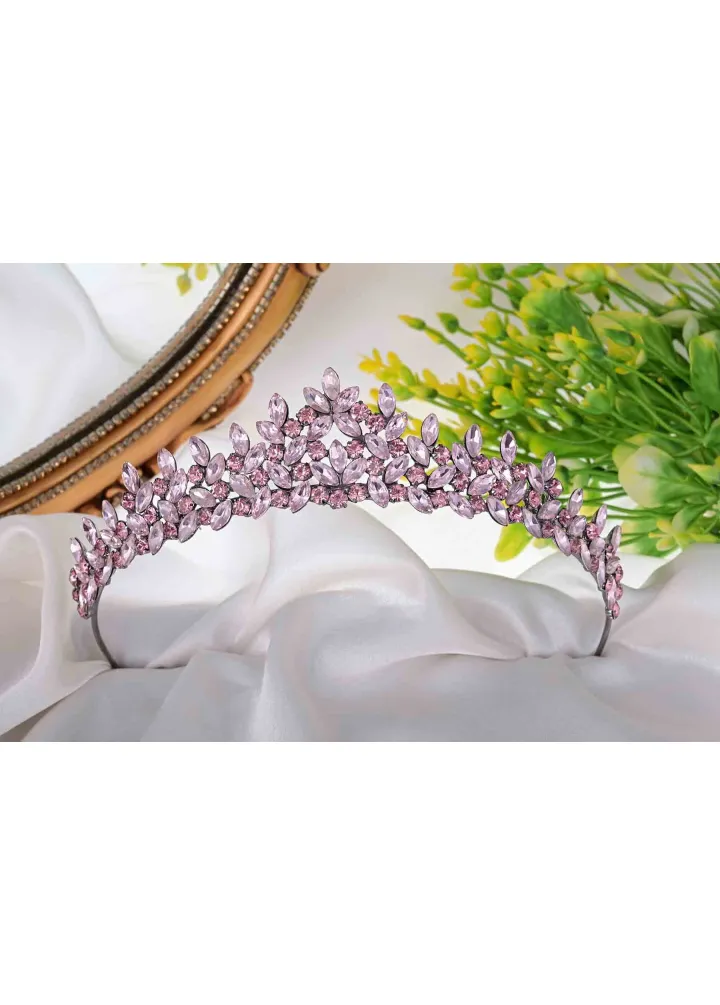 Pembe Kristal Taşlı Nevres Modeli Nişan Kına Tacı