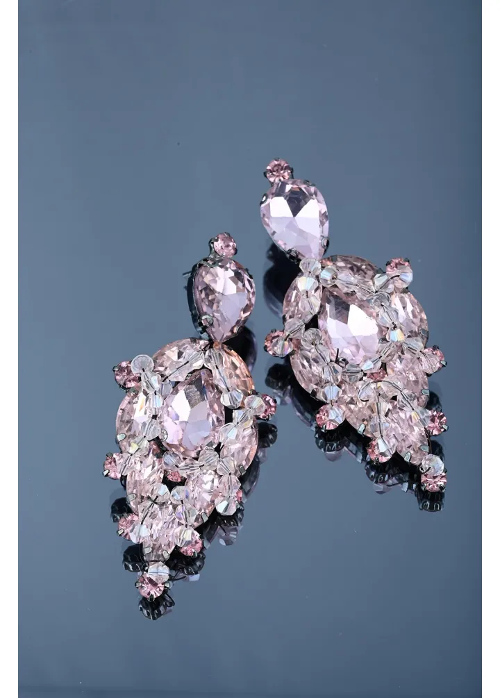 Pembe Renk Kristal Boncuklu Ve Taşlı Küpe