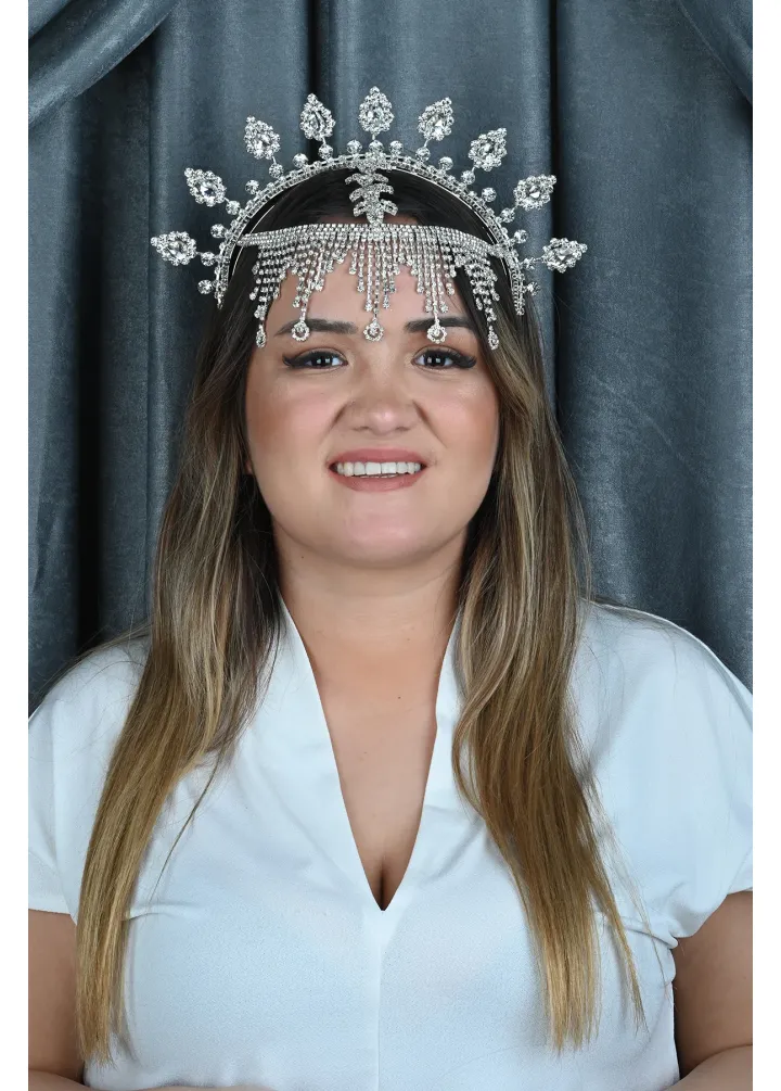 Beyaz Renk Kristal Taşlı Alınlıklı After Part Tacı