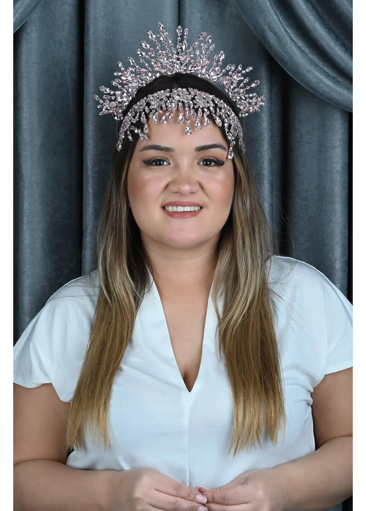 Pembe Renk Kristal Taşlı After Part Tacı