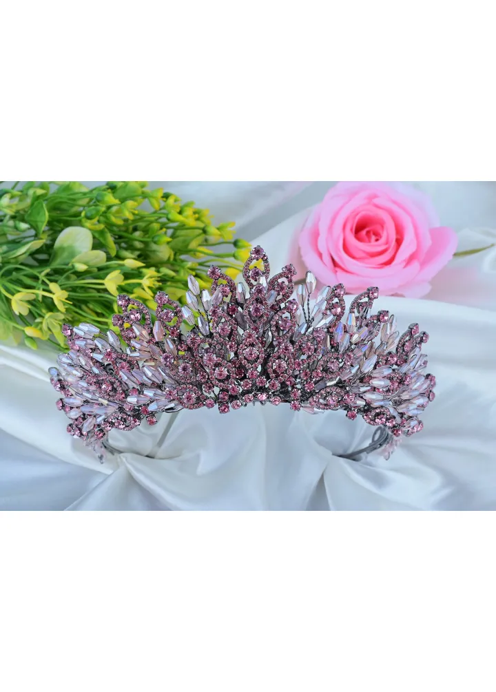Pembe Renk Kristal Taşlı ve Kristal Boncuklu Kına Nişan Tacı