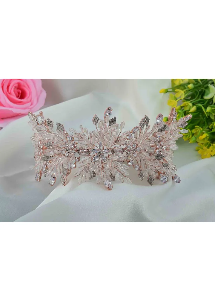 Rose Gold Renk Zirkon Taşlı İpek Model Helenistik Kına ve Nişan Tacı
