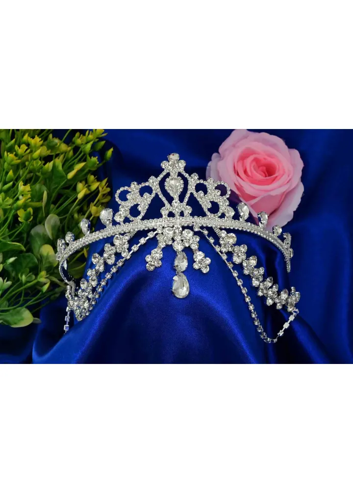 Beyaz Renk Kristal Taşlı Hürrem Modeli Alınlıklı Düğün Tacı