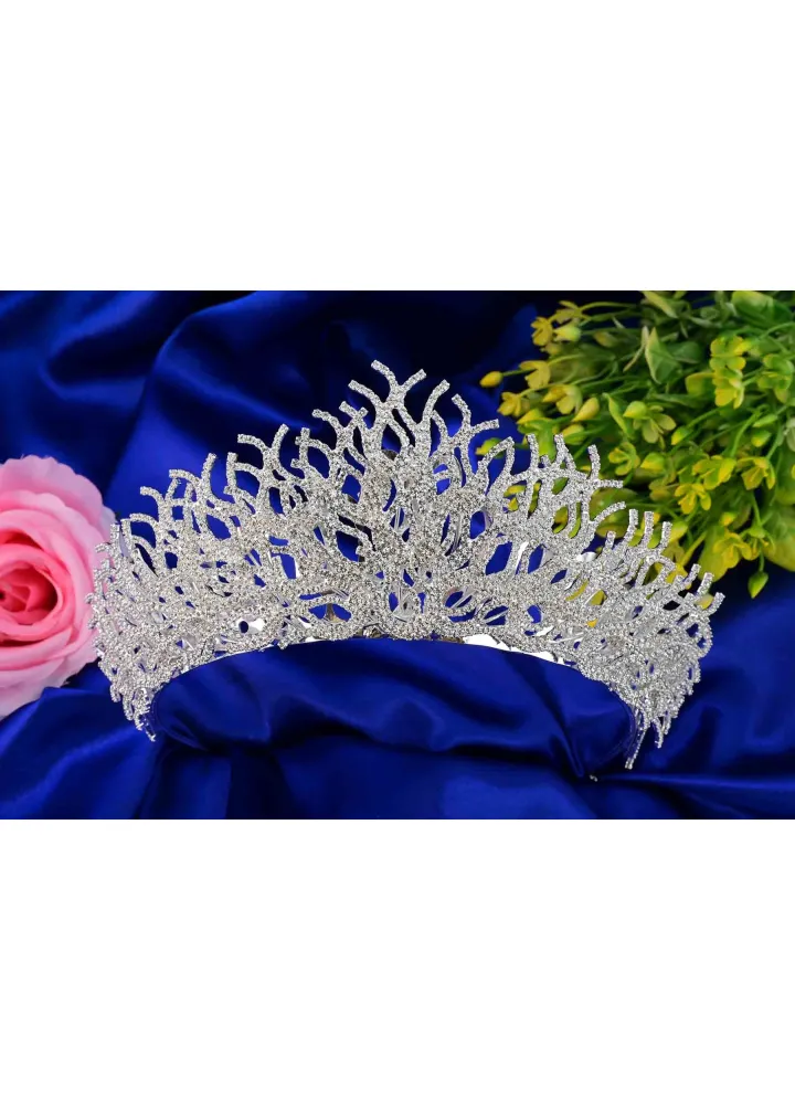 Beyaz Renk Kristal Taşlı Miray Model Düğün Tacı