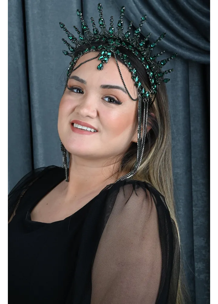 Yeşil Renk Alınlıklı Kristal Taşlı After Part Tacı