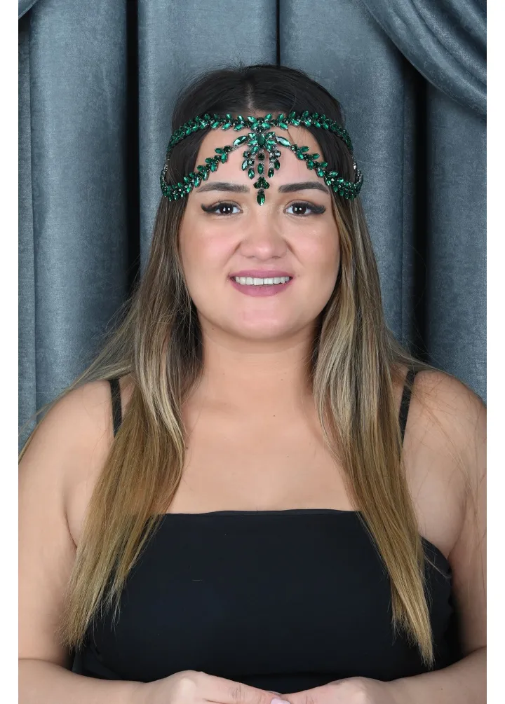 Yeşil Renk Kristal Taşlı Alınlık