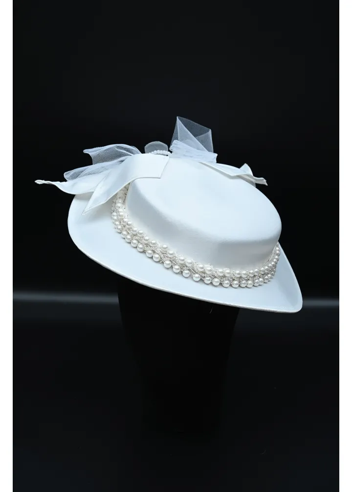 İncili Beyaz Modelli Gelin Kepi
