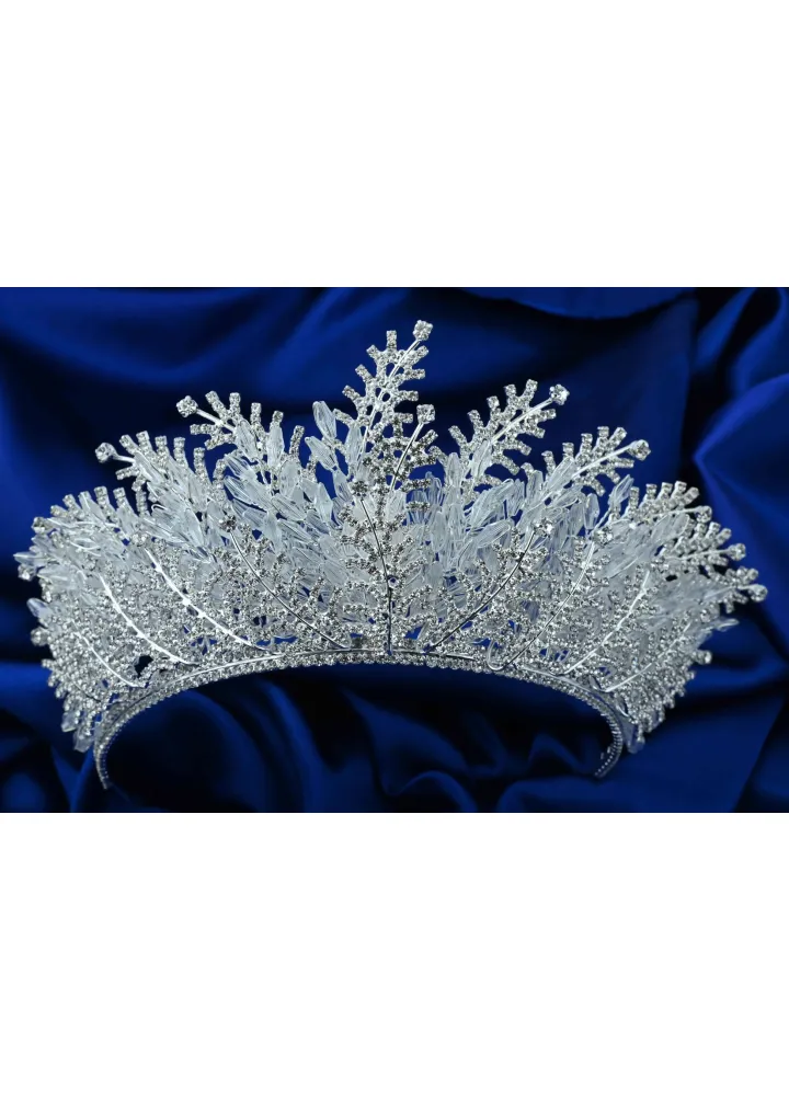 Beyaz Renk Kristal Taşlı ve Kristal Boncuklu Catherine Model Düğün Tacı