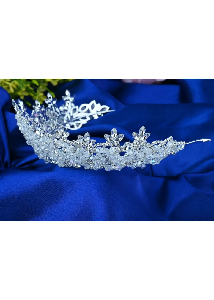 Beyaz Renk Kristal Taşlı ve Kristal Boncuklu Gelin Tacı