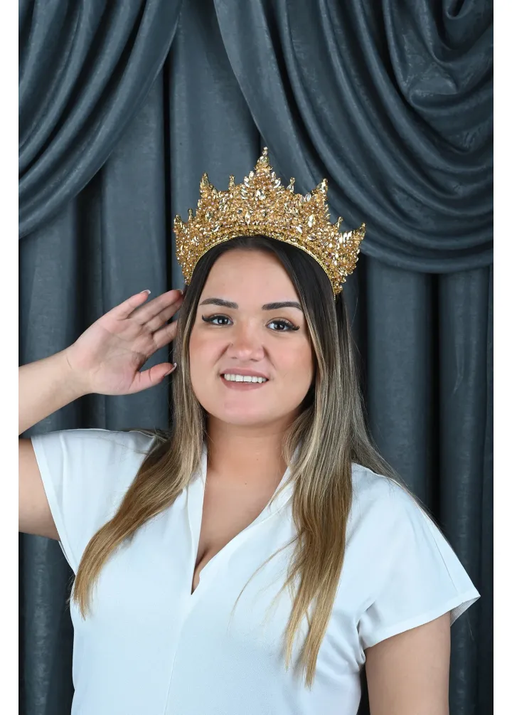 Amelia Model Gold Renk Kristal Taşlı ve Kristal Boncuklu Kına ve Nişan Tacı